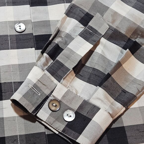 DIANE GILMAN  Collection Woman's  Black & Gray Plaid 100% Silk Long Sleeve Med - Picture 10 of 15